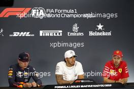 The post race FIA Press Conference (L to R): Max Verstappen (NLD) Red Bull Racing, second; Lewis Hamilton (GBR) Mercedes AMG F1, race winner; Sebastian Vettel (GER) Ferrari, third. 04.08.2019. Formula 1 World Championship, Rd 12, Hungarian Grand Prix, Budapest, Hungary, Race Day.