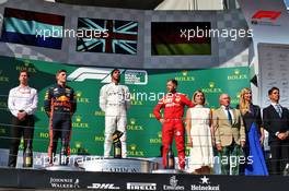 The podium (L to R): Max Verstappen (NLD) Red Bull Racing, second; Lewis Hamilton (GBR) Mercedes AMG F1, race winner; Sebastian Vettel (GER) Ferrari, third. 04.08.2019. Formula 1 World Championship, Rd 12, Hungarian Grand Prix, Budapest, Hungary, Race Day.