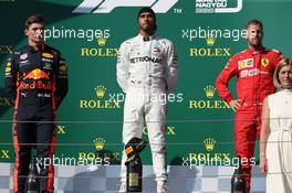 1st place Lewis Hamilton (GBR) Mercedes AMG F1 W10, 2nd place Max Verstappen (NLD) Red Bull Racing RB15 and 3rd place Sebastian Vettel (GER) Ferrari SF90. 04.08.2019. Formula 1 World Championship, Rd 12, Hungarian Grand Prix, Budapest, Hungary, Race Day.