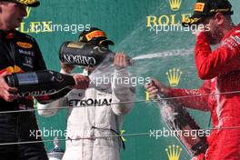 The podium (L to R): Max Verstappen (NLD) Red Bull Racing, second; Lewis Hamilton (GBR) Mercedes AMG F1, race winner; Sebastian Vettel (GER) Ferrari, third. 04.08.2019. Formula 1 World Championship, Rd 12, Hungarian Grand Prix, Budapest, Hungary, Race Day.