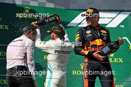 Race winner Lewis Hamilton (GBR) Mercedes AMG F1 celebrates with James Vowles (GBR) Mercedes AMG F1 Chief Strategist and Max Verstappen (NLD) Red Bull Racing. 04.08.2019. Formula 1 World Championship, Rd 12, Hungarian Grand Prix, Budapest, Hungary, Race Day.