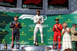 The podium (L to R): Max Verstappen (NLD) Red Bull Racing, second; Lewis Hamilton (GBR) Mercedes AMG F1, race winner; Sebastian Vettel (GER) Ferrari, third. 04.08.2019. Formula 1 World Championship, Rd 12, Hungarian Grand Prix, Budapest, Hungary, Race Day.