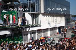 The podium (L to R): Max Verstappen (NLD) Red Bull Racing, second; Lewis Hamilton (GBR) Mercedes AMG F1, race winner; Sebastian Vettel (GER) Ferrari, third. 04.08.2019. Formula 1 World Championship, Rd 12, Hungarian Grand Prix, Budapest, Hungary, Race Day.