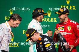 Race winner Lewis Hamilton (GBR) Mercedes AMG F1 celebrates on the podium with  Sebastian Vettel (GER) Ferrari. 04.08.2019. Formula 1 World Championship, Rd 12, Hungarian Grand Prix, Budapest, Hungary, Race Day.