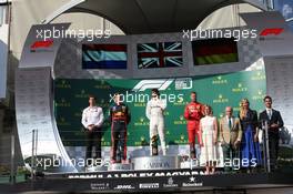 1st place Lewis Hamilton (GBR) Mercedes AMG F1 W10, 2nd place Max Verstappen (NLD) Red Bull Racing RB15 and 3rd place Sebastian Vettel (GER) Ferrari SF90. 04.08.2019. Formula 1 World Championship, Rd 12, Hungarian Grand Prix, Budapest, Hungary, Race Day.