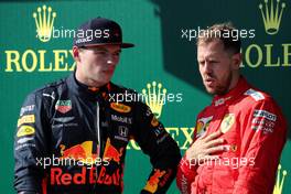 (L to R): Max Verstappen (NLD) Red Bull Racing in parc ferme with Sebastian Vettel (GER) Ferrari. 04.08.2019. Formula 1 World Championship, Rd 12, Hungarian Grand Prix, Budapest, Hungary, Race Day.