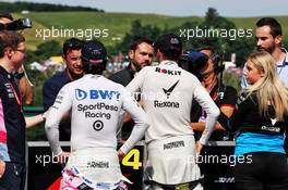 (L to R): Lance Stroll (CDN) Racing Point F1 Team and George Russell (GBR) Williams Racing with the media. 03.08.2019. Formula 1 World Championship, Rd 12, Hungarian Grand Prix, Budapest, Hungary, Qualifying Day.