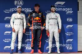 Qualifying top three in parc ferme (L to R): Valtteri Bottas (FIN) Mercedes AMG F1, second; Max Verstappen (NLD) Red Bull Racing, pole position; Lewis Hamilton (GBR) Mercedes AMG F1, third. 03.08.2019. Formula 1 World Championship, Rd 12, Hungarian Grand Prix, Budapest, Hungary, Qualifying Day.