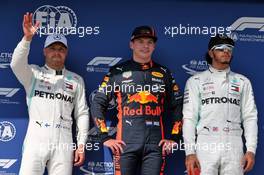 Qualifying top three in parc ferme (L to R): Valtteri Bottas (FIN) Mercedes AMG F1, second; Max Verstappen (NLD) Red Bull Racing, pole position; Lewis Hamilton (GBR) Mercedes AMG F1, third. 03.08.2019. Formula 1 World Championship, Rd 12, Hungarian Grand Prix, Budapest, Hungary, Qualifying Day.