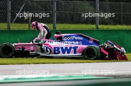Sergio Perez (MEX) Racing Point F1 Team RP19 crashed in the first practice session. 06.09.2019. Formula 1 World Championship, Rd 14, Italian Grand Prix, Monza, Italy, Practice Day.