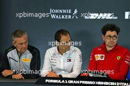 The FIA Press Conference (L to R): Mario Isola (ITA) Pirelli Racing Manager; Aldo Costa (ITA) Mercedes AMG F1 Technical Adviser; Mattia Binotto (ITA) Ferrari Team Principal. 06.09.2019. Formula 1 World Championship, Rd 14, Italian Grand Prix, Monza, Italy, Practice Day.