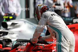 Lewis Hamilton (GBR) Mercedes AMG F1 W10 congratulates race winner Charles Leclerc (MON) Ferrari SF90 in parc ferme. 08.09.2019. Formula 1 World Championship, Rd 14, Italian Grand Prix, Monza, Italy, Race Day.