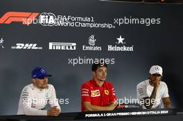 The post race FIA Press Conference (L to R): Valtteri Bottas (FIN) Mercedes AMG F1, second; Charles Leclerc (MON) Ferrari, race winner; Lewis Hamilton (GBR) Mercedes AMG F1 third. 08.09.2019. Formula 1 World Championship, Rd 14, Italian Grand Prix, Monza, Italy, Race Day.