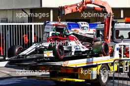 The Alfa Romeo Racing C38 of Kimi Raikkonen (FIN) Alfa Romeo Racing is recovered back to the pits on the back of a truck after crashing during qualifying. 07.09.2019. Formula 1 World Championship, Rd 14, Italian Grand Prix, Monza, Italy, Qualifying Day.