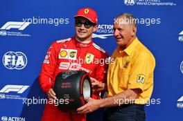 Charles Leclerc (MON) Ferrari receives the Pirelli pole position award from Jody Scheckter (RSA). 07.09.2019. Formula 1 World Championship, Rd 14, Italian Grand Prix, Monza, Italy, Qualifying Day.
