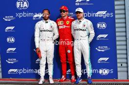 Qualifying top three in parc ferme (L to R): Lewis Hamilton (GBR) Mercedes AMG F1, second; Charles Leclerc (MON) Ferrari, pole position; Valtteri Bottas (FIN) Mercedes AMG F1, third. 07.09.2019. Formula 1 World Championship, Rd 14, Italian Grand Prix, Monza, Italy, Qualifying Day.