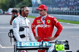 (L to R): Lewis Hamilton (GBR) Mercedes AMG F1 with Charles Leclerc (MON) Ferrari in qualifying parc ferme. 07.09.2019. Formula 1 World Championship, Rd 14, Italian Grand Prix, Monza, Italy, Qualifying Day.
