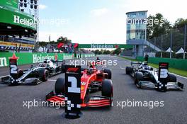 Qualifying top three in parc ferme (L to R): Lewis Hamilton (GBR) Mercedes AMG F1, second; Charles Leclerc (MON) Ferrari, pole position; Valtteri Bottas (FIN) Mercedes AMG F1, third. 07.09.2019. Formula 1 World Championship, Rd 14, Italian Grand Prix, Monza, Italy, Qualifying Day.