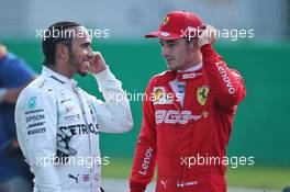 (L to R): Lewis Hamilton (GBR) Mercedes AMG F1 in qualifying parc ferme with Charles Leclerc (MON) Ferrari. 07.09.2019. Formula 1 World Championship, Rd 14, Italian Grand Prix, Monza, Italy, Qualifying Day.