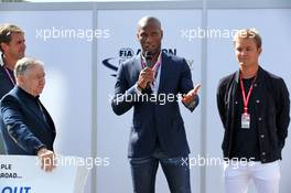 (L to R): Jean Todt (FRA) FIA President with Didier Drogba (CIV) Former Football Player and Nico Rosberg (GER) at an FIA Road Safety Campaign. 07.09.2019. Formula 1 World Championship, Rd 14, Italian Grand Prix, Monza, Italy, Qualifying Day.