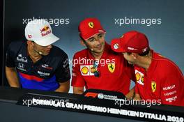 (L to R): Pierre Gasly (FRA) Scuderia Toro Rosso; Charles Leclerc (MON) Ferrari; and Sebastian Vettel (GER) Ferrari, in the FIA Press Conference. 05.09.2019. Formula 1 World Championship, Rd 14, Italian Grand Prix, Monza, Italy, Preparation Day.