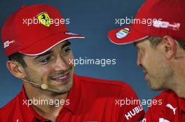 (L to R): Charles Leclerc (MON) Ferrari and Sebastian Vettel (GER) Ferrari in the FIA Press Conference. 05.09.2019. Formula 1 World Championship, Rd 14, Italian Grand Prix, Monza, Italy, Preparation Day.