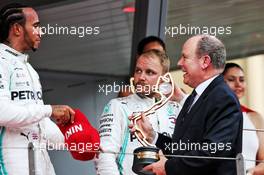 The podium (L to R): Race winner Lewis Hamilton (GBR) Mercedes AMG F1 celebrates with third placed Valtteri Bottas (FIN) Mercedes AMG F1 and HSH Prince Albert of Monaco (MON). 26.05.2019. Formula 1 World Championship, Rd 6, Monaco Grand Prix, Monte Carlo, Monaco, Race Day.