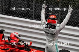 Race winner Lewis Hamilton (GBR) Mercedes AMG F1 W10 celebrates in parc ferme with second placed Sebastian Vettel (GER) Ferrari SF90. 26.05.2019. Formula 1 World Championship, Rd 6, Monaco Grand Prix, Monte Carlo, Monaco, Race Day.