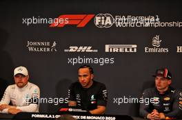 The post qualifying FIA Press Conference (L to R): Valtteri Bottas (FIN) Mercedes AMG F1, second; Lewis Hamilton (GBR) Mercedes AMG F1, pole position; Max Verstappen (NLD) Red Bull Racing, third. 25.05.2019. Formula 1 World Championship, Rd 6, Monaco Grand Prix, Monte Carlo, Monaco, Qualifying Day.