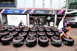 Racing Point F1 Team mechanics with Pirelli tyres. 22.05.2019. Formula 1 World Championship, Rd 6, Monaco Grand Prix, Monte Carlo, Monaco, Preparation Day.