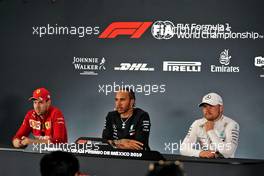 The post race FIA Press Conference (L to R): Sebastian Vettel (GER) Ferrari, second; Lewis Hamilton (GBR) Mercedes AMG F1, race winner; Valtteri Bottas (FIN) Mercedes AMG F1, third.                                27.10.2019. Formula 1 World Championship, Rd 18, Mexican Grand Prix, Mexico City, Mexico, Race Day.
