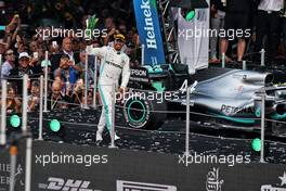 Race winner Lewis Hamilton (GBR) Mercedes AMG F1 W10 celebrates on the podium.                                27.10.2019. Formula 1 World Championship, Rd 18, Mexican Grand Prix, Mexico City, Mexico, Race Day.