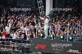 Race winner Lewis Hamilton (GBR) Mercedes AMG F1 celebrates on the podium.                                27.10.2019. Formula 1 World Championship, Rd 18, Mexican Grand Prix, Mexico City, Mexico, Race Day.