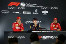Qualifying top three in the FIA Press Conference (L to R): Sebastian Vettel (GER) Ferrari, second; Max Verstappen (NLD) Red Bull Racing, pole position; Charles Leclerc (MON) Ferrari, third. 26.10.2019. Formula 1 World Championship, Rd 18, Mexican Grand Prix, Mexico City, Mexico, Qualifying Day.