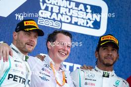 The podium (L to R): second placed Valtteri Bottas (FIN) Mercedes AMG F1 with race winner Lewis Hamilton (GBR) Mercedes AMG F1. 29.09.2019. Formula 1 World Championship, Rd 16, Russian Grand Prix, Sochi Autodrom, Sochi, Russia, Race Day.