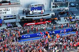 The podium (L to R): Valtteri Bottas (FIN) Mercedes AMG F1, second; Lewis Hamilton (GBR) Mercedes AMG F1, race winner; Charles Leclerc (MON) Ferrari, third. 29.09.2019. Formula 1 World Championship, Rd 16, Russian Grand Prix, Sochi Autodrom, Sochi, Russia, Race Day.