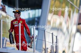 Charles Leclerc (MON) Ferrari celebrates his third position on the podium. 29.09.2019. Formula 1 World Championship, Rd 16, Russian Grand Prix, Sochi Autodrom, Sochi, Russia, Race Day.
