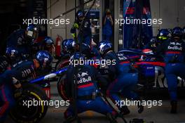 Pierre Gasly (FRA) Scuderia Toro Rosso STR14 makes a pit stop. 29.09.2019. Formula 1 World Championship, Rd 16, Russian Grand Prix, Sochi Autodrom, Sochi, Russia, Race Day.