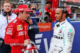 (L to R): Charles Leclerc (MON) Ferrari with Lewis Hamilton (GBR) Mercedes AMG F1 in qualifying parc ferme. 28.09.2019. Formula 1 World Championship, Rd 16, Russian Grand Prix, Sochi Autodrom, Sochi, Russia, Qualifying Day.