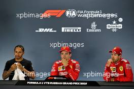 The post qualifying FIA Press Conference (L to R): Lewis Hamilton (GBR) Mercedes AMG F1, second; Charles Leclerc (MON) Ferrari, pole position; Sebastian Vettel (GER) Ferrari, third. 28.09.2019. Formula 1 World Championship, Rd 16, Russian Grand Prix, Sochi Autodrom, Sochi, Russia, Qualifying Day.