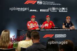 The post race FIA Press Conference (L to R): Charles Leclerc (MON) Ferrari, second; Sebastian Vettel (GER) Ferrari, race winner; Max Verstappen (NLD) Red Bull Racing, third. 22.09.2019. Formula 1 World Championship, Rd 15, Singapore Grand Prix, Marina Bay Street Circuit, Singapore, Race Day.
