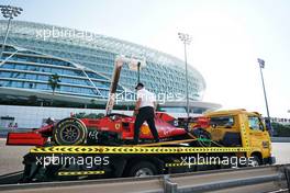 The Ferrari SF90 of Sebastian Vettel (GER) Ferrari is recovered back to the pits on the back of a truck in the first practice session.                                29.11.2019. Formula 1 World Championship, Rd 21, Abu Dhabi Grand Prix, Yas Marina Circuit, Abu Dhabi, Practice Day.