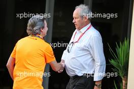 Adrian Campos (ESP) Campos Racing Boss with Jerome Stoll (FRA) Renault Sport F1 President. 29.11.2019. Formula 1 World Championship, Rd 21, Abu Dhabi Grand Prix, Yas Marina Circuit, Abu Dhabi, Practice Day.