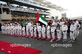 The drivers during the National Anthem. 01.12.2019. Formula 1 World Championship, Rd 21, Abu Dhabi Grand Prix, Yas Marina Circuit, Abu Dhabi, Race Day.