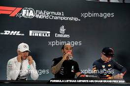 The post qualifying FIA Press Conference (L to R): Valtteri Bottas (FIN) Mercedes AMG F1, second; Lewis Hamilton (GBR) Mercedes AMG F1, pole position; Max Verstappen (NLD) Red Bull Racing, third. 30.11.2019. Formula 1 World Championship, Rd 21, Abu Dhabi Grand Prix, Yas Marina Circuit, Abu Dhabi, Qualifying Day.