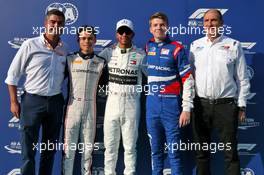 (L to R): Michael Masi (AUS) FIA Race Director; Nyck De Vries (NLD) ART Grand Prix, F2 Champion; Lewis Hamilton (GBR) Mercedes AMG F1, F1 World Champion; Robert Shwartzman (RUS) Prema Racing, F3 Champion; Bruno Michel (FRA) F2 and F3 CEO. 01.12.2019. Formula 1 World Championship, Rd 21, Abu Dhabi Grand Prix, Yas Marina Circuit, Abu Dhabi, Race Day.