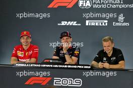 The FIA Press Conference (L to R): Charles Leclerc (MON) Ferrari; Max Verstappen (NLD) Red Bull Racing; Kevin Magnussen (DEN) Haas F1 Team. 28.11.2019. Formula 1 World Championship, Rd 21, Abu Dhabi Grand Prix, Yas Marina Circuit, Abu Dhabi, Preparation Day.
