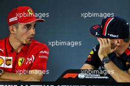 (L to R): Charles Leclerc (MON) Ferrari and Max Verstappen (NLD) Red Bull Racing in the FIA Press Conference. 28.11.2019. Formula 1 World Championship, Rd 21, Abu Dhabi Grand Prix, Yas Marina Circuit, Abu Dhabi, Preparation Day.