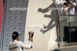 Lewis Hamilton (GBR) Mercedes AMG F1 celebrates his second position and World Championship on the podium.   03.11.2019. Formula 1 World Championship, Rd 19, United States Grand Prix, Austin, Texas, USA, Race Day.