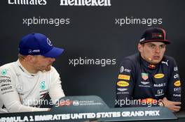 (L to R): Valtteri Bottas (FIN) Mercedes AMG F1 and Max Verstappen (NLD) Red Bull Racing in the post race FIA Press Conference.                                03.11.2019. Formula 1 World Championship, Rd 19, United States Grand Prix, Austin, Texas, USA, Race Day.
